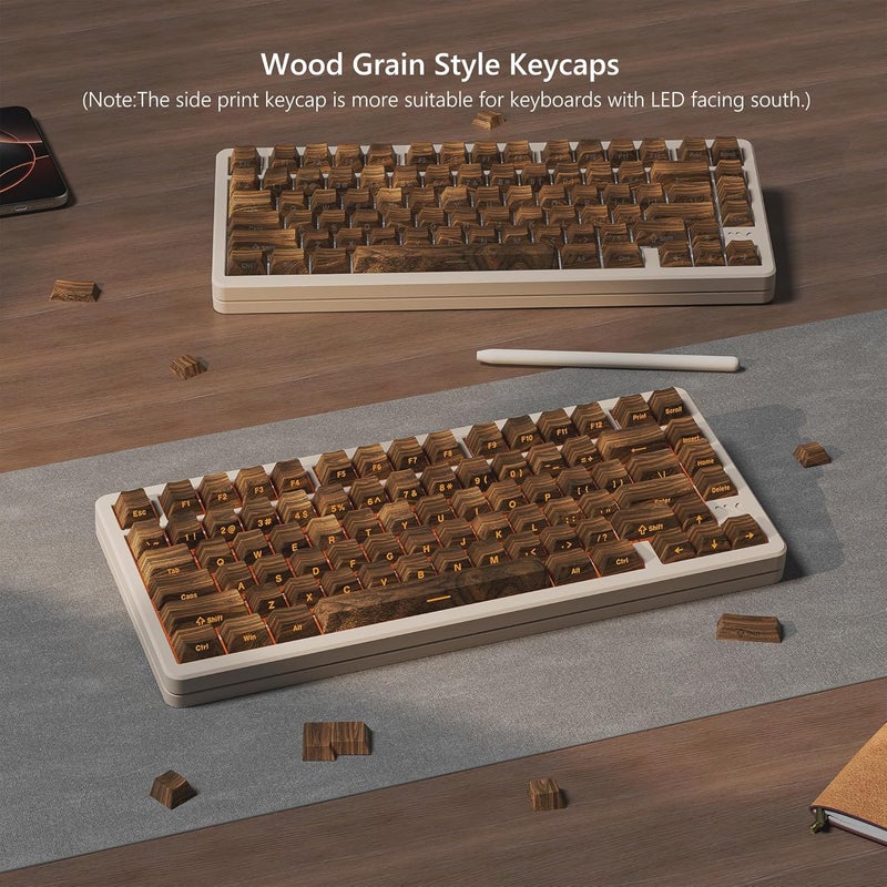 Rainy75 Shine Through Keycap 60 65 75 100 Percent,Cherry Key cap 136 Keys PBT Dye Sublimation Custom Keyboard Keycaps Set for Mechanical Keyboard 61/64/75/84/87/104/108 Layout with Key Puller (Wood Style) - Image 2
